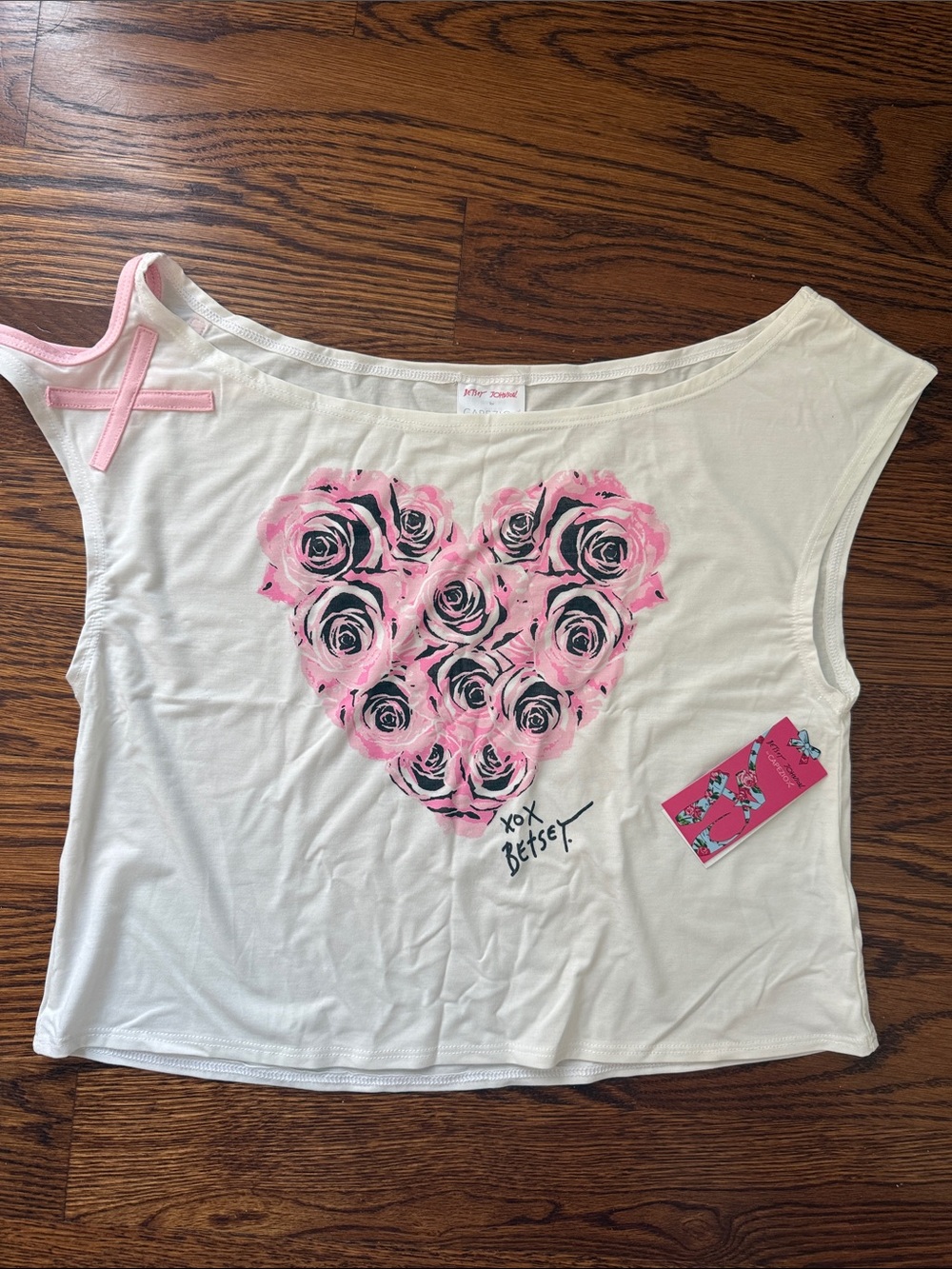 NWT Betsey Johnson for Capezio Pink Black Rose Heart Cutout Top
